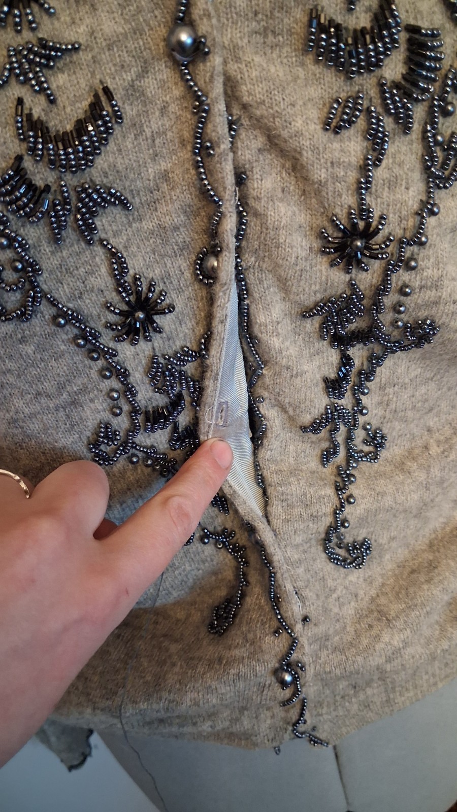 Vintage 1950s Beaded Cardigan, Grey And Black Sz 42 M/L Elegant Embellishedn