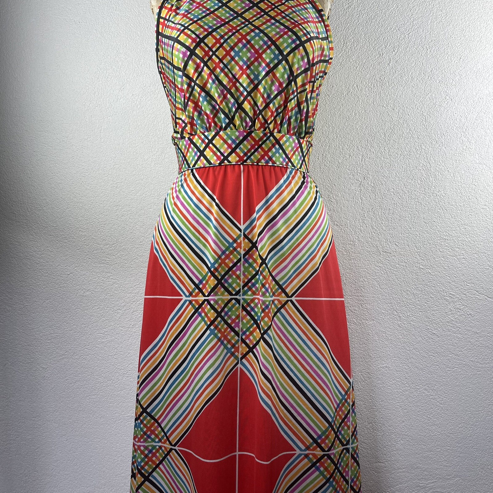 Vintage l 70s S Claire Larabee Colorful Rainbow Plaid Striped Halter Maxi Dress
