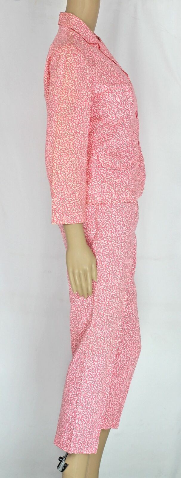 60s Vintage Regal Crop Pant 3/4 Sleeve Jacket Suit Set, Pink Floral Cotton, XS 2
