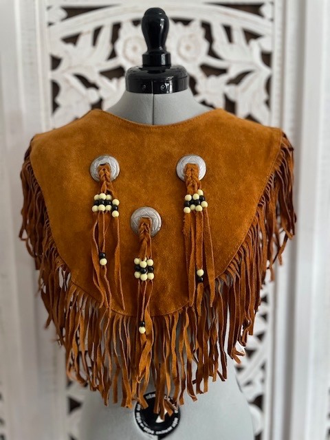 Vintage Steer Brand Suede Fringe Poncho Capelet Women XS Brown Beaded Made USA