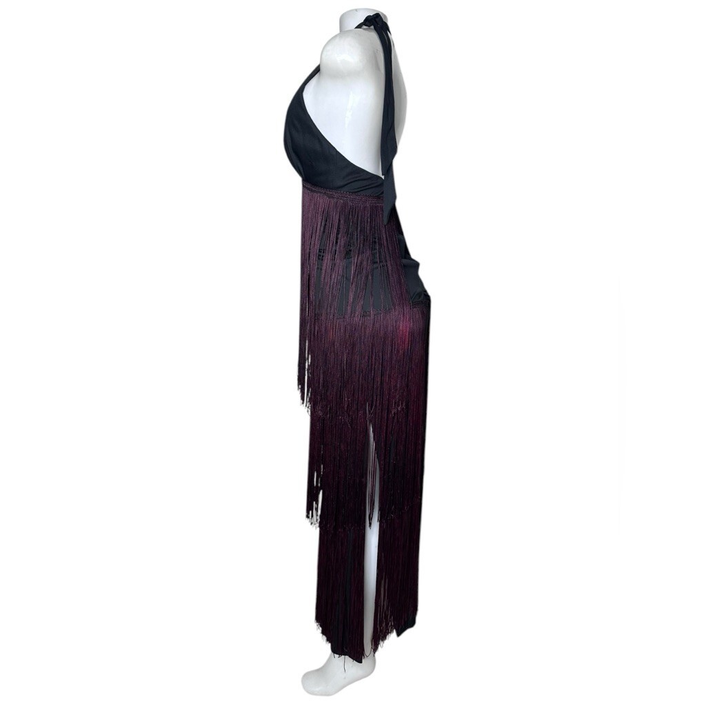 VTG 70s Jack Hartley Halter Fringe Maxi Dress Black & Plum Ombre Festival 7/8
