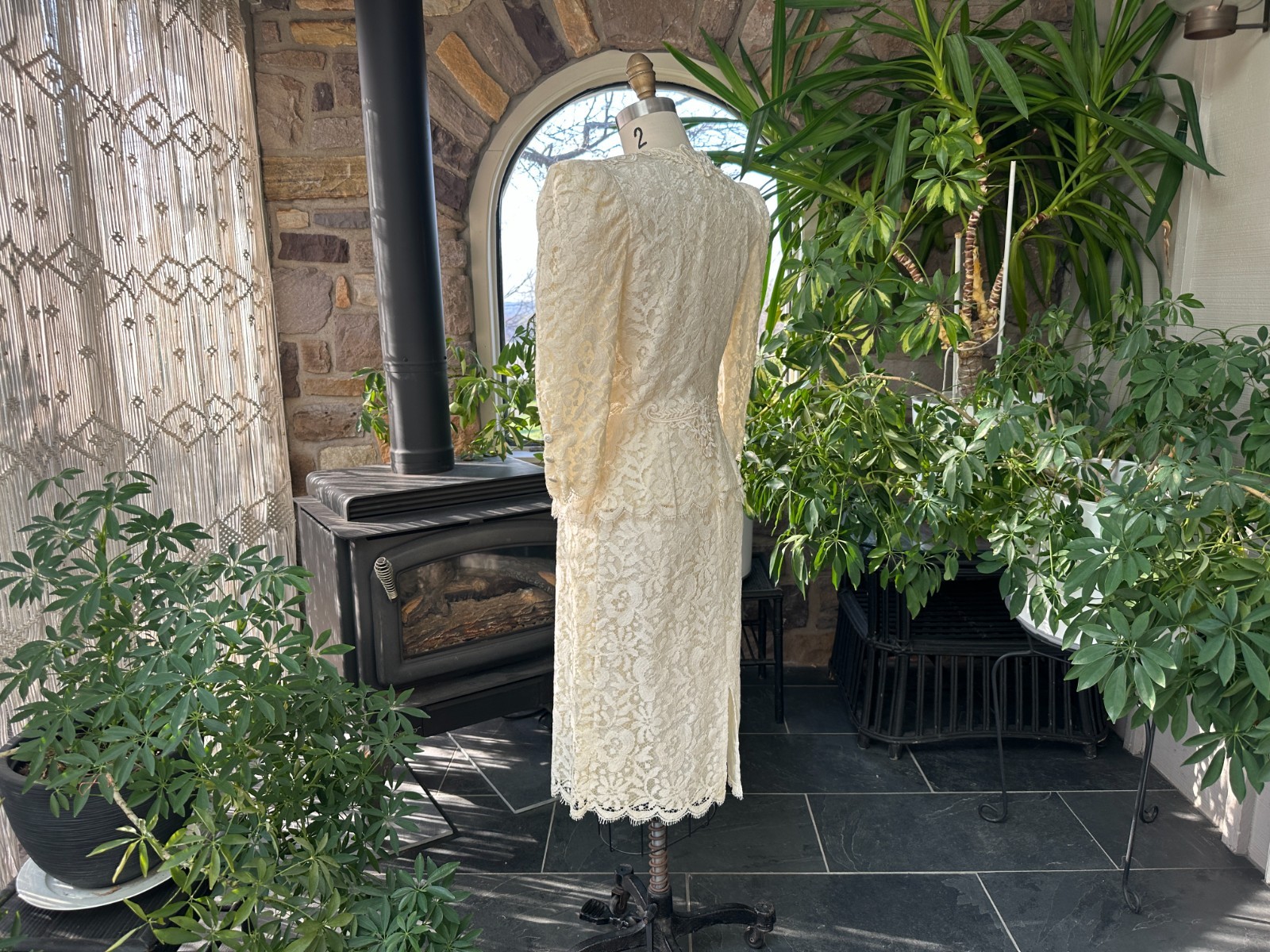 Vintage 1980s Greg Adams Formal 2 Piece Ivory Lace Bridal Wedding Suit