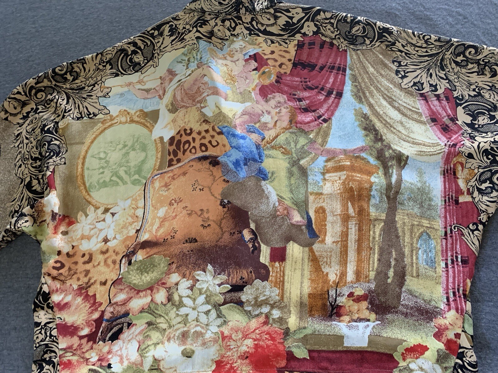 Vintage 80s Victorian Rococo Print Top Cherubs Cathedral Filigree Gothic Boho M