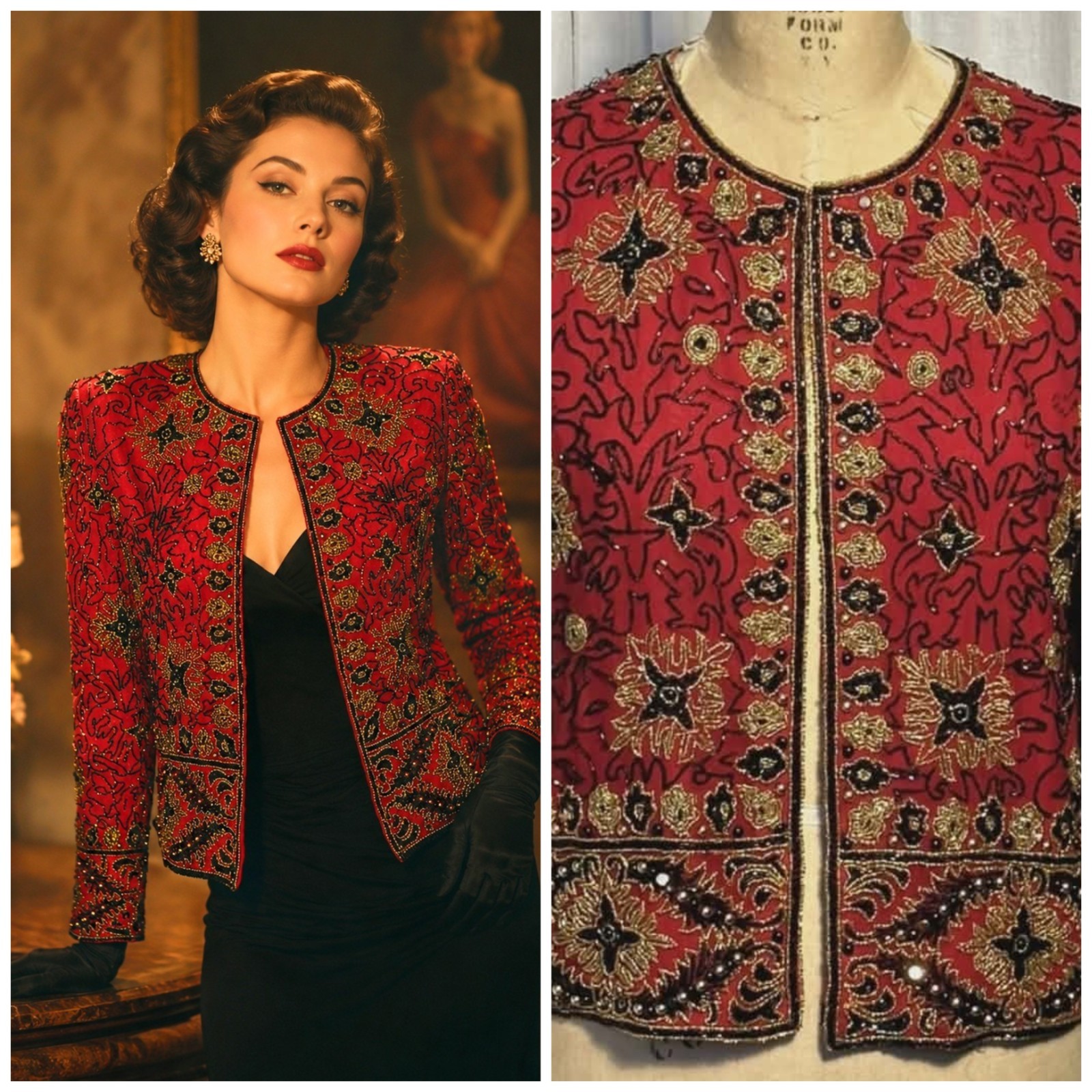 Vintage Adrianna Papell Red Silk Exquisite Beaded Evening Jacket Size 8