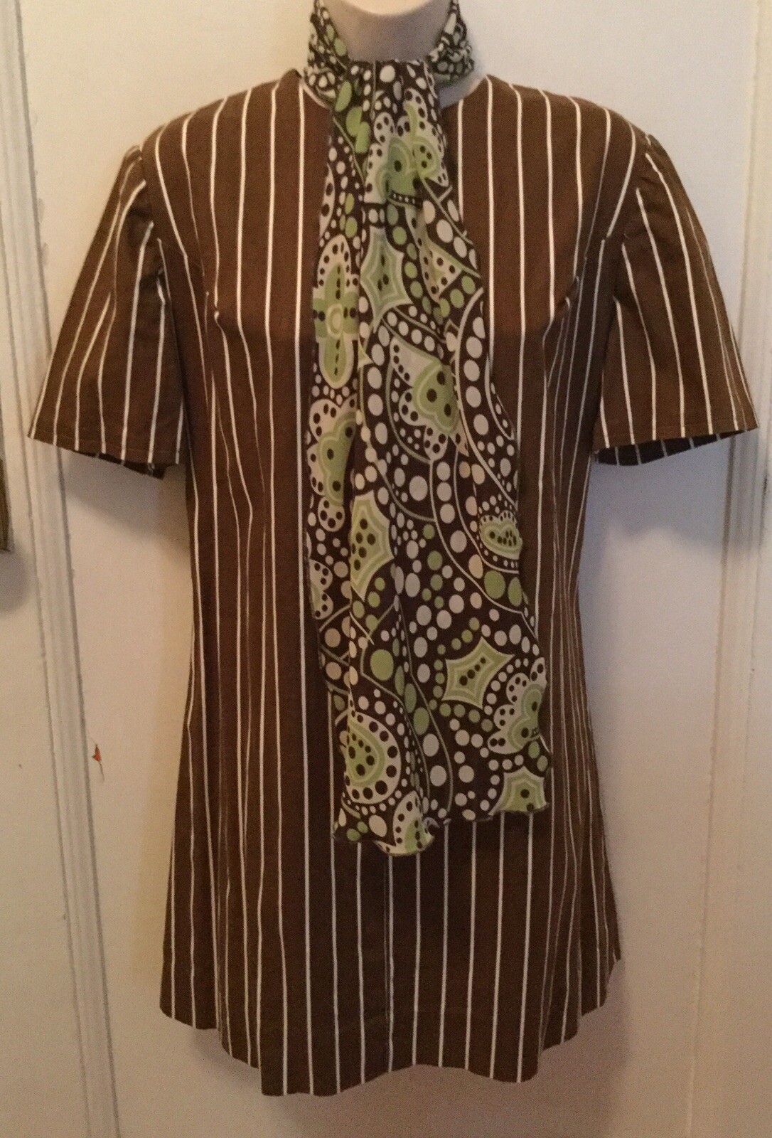 1960s Mod Twiggy Dolly Bird Scooter Brown White Striped Haymaker Mini Dress M