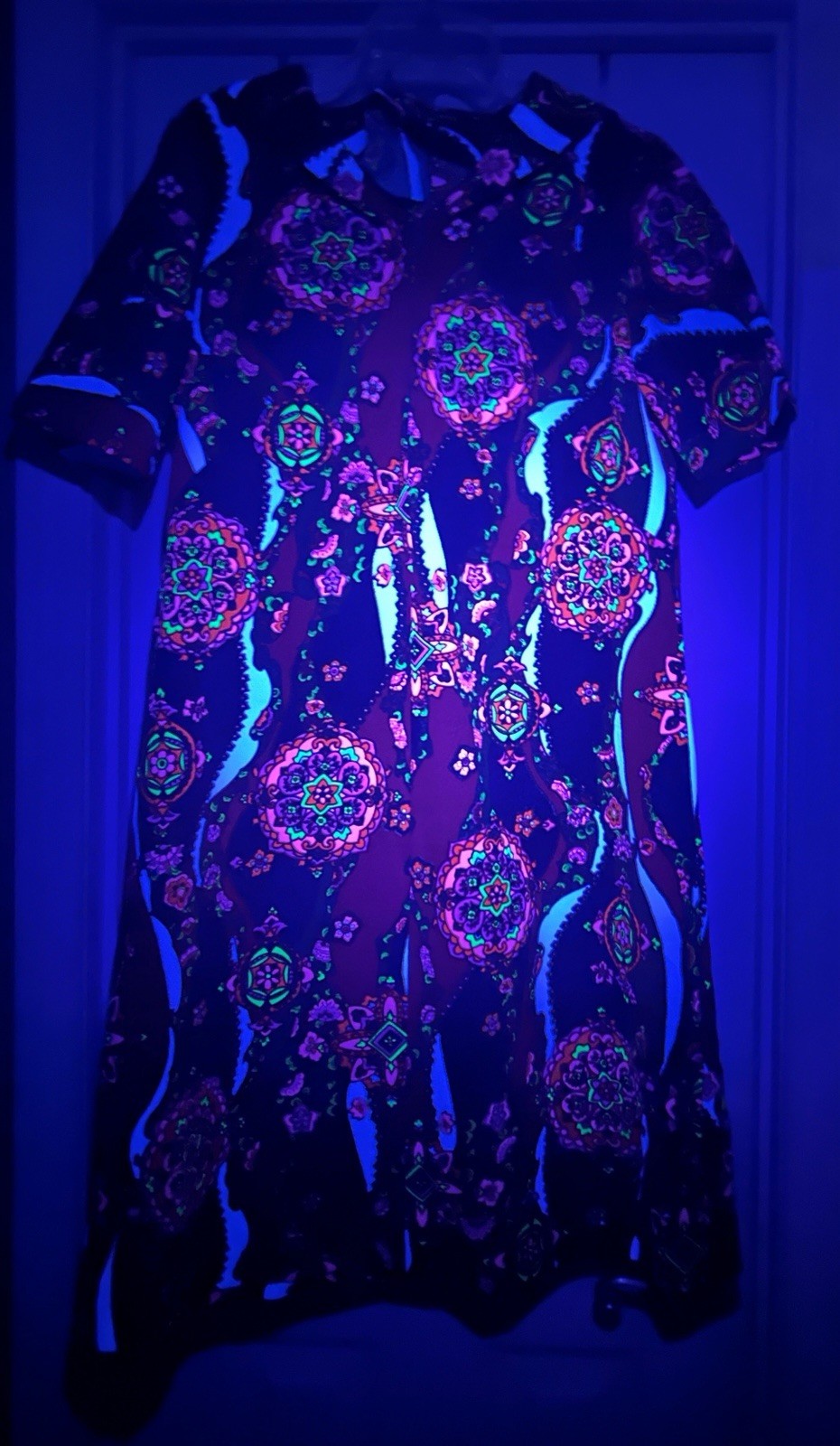 Vintage 70s Retro Mod Psychedelic Shift Dress Poly Knit Handmade Womens L *Glows