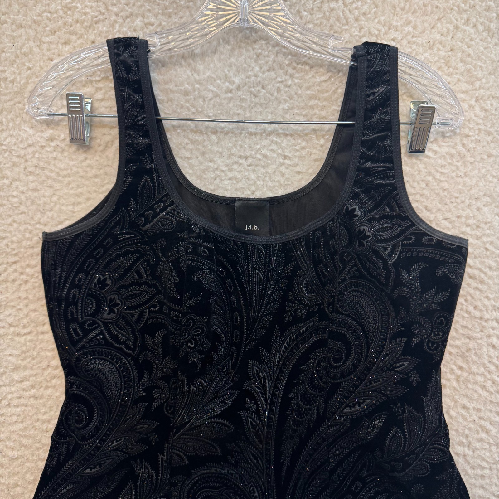 Y2K Vintage Sleeveless Top Large Black Glitter Sparkle Paisley Velvet Cocktail