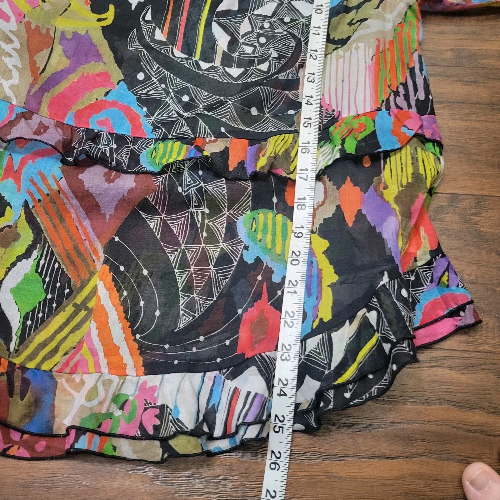 EUC Chacock Mixed Prints Ruffled Blouse Cotton S/M Tassles Tie Neck Abstract