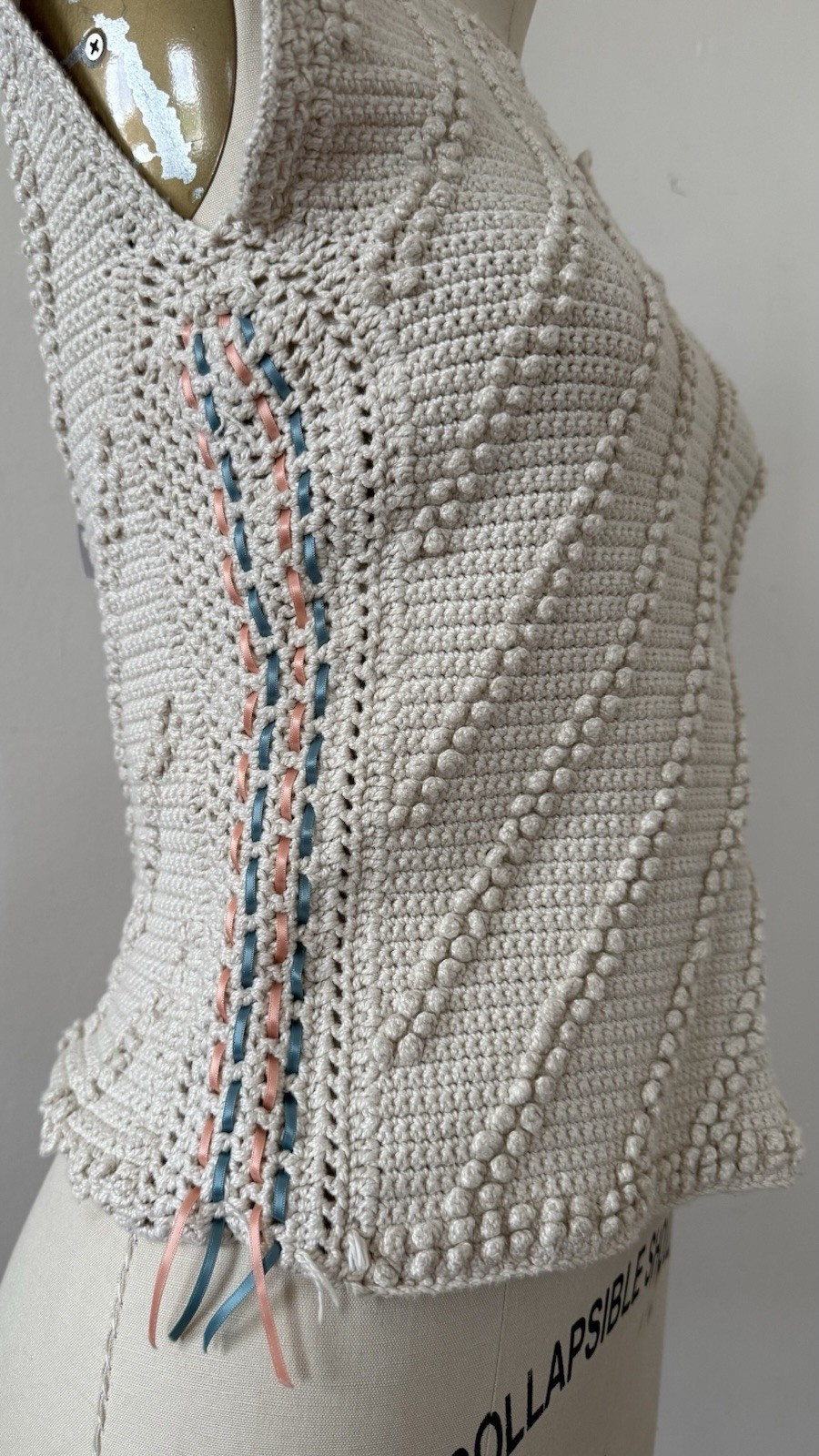 Antique/Vintage Art Deco Popcorn Rayon Hand Crocheted Knit Ribbon Trim Top XS