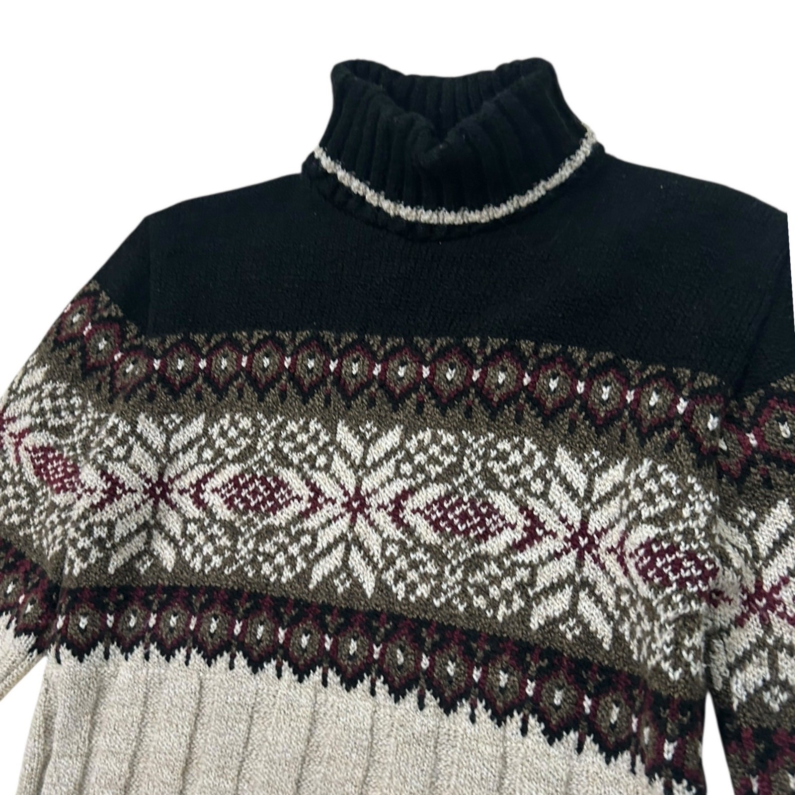 Vintage Fair Isle Knit Turtleneck Sweater Snowflake Nordic Pattern / Small ^