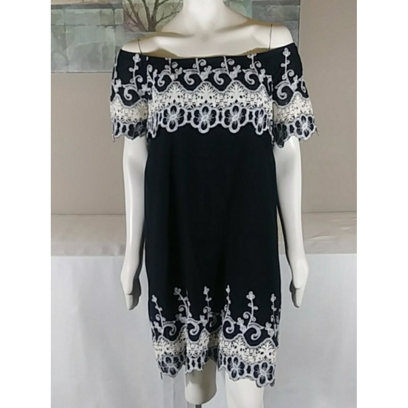 Fever Cottagecore Dress Embroidered Lace Off the Shoulder Black White Sz XL Boho