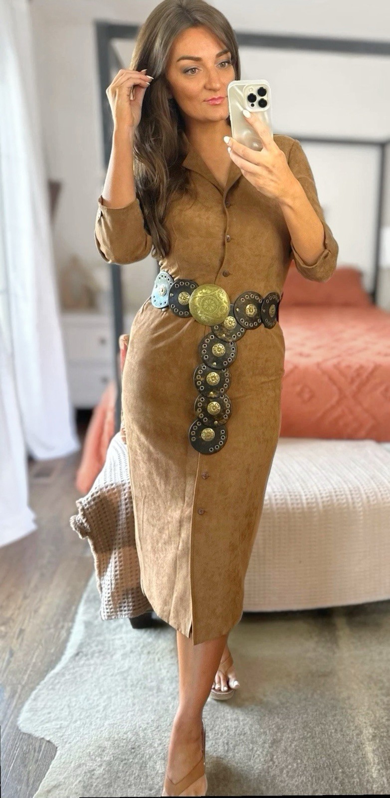 Vintage 90’s Size 8 Brown Suede Button Up Collar Midi Dress