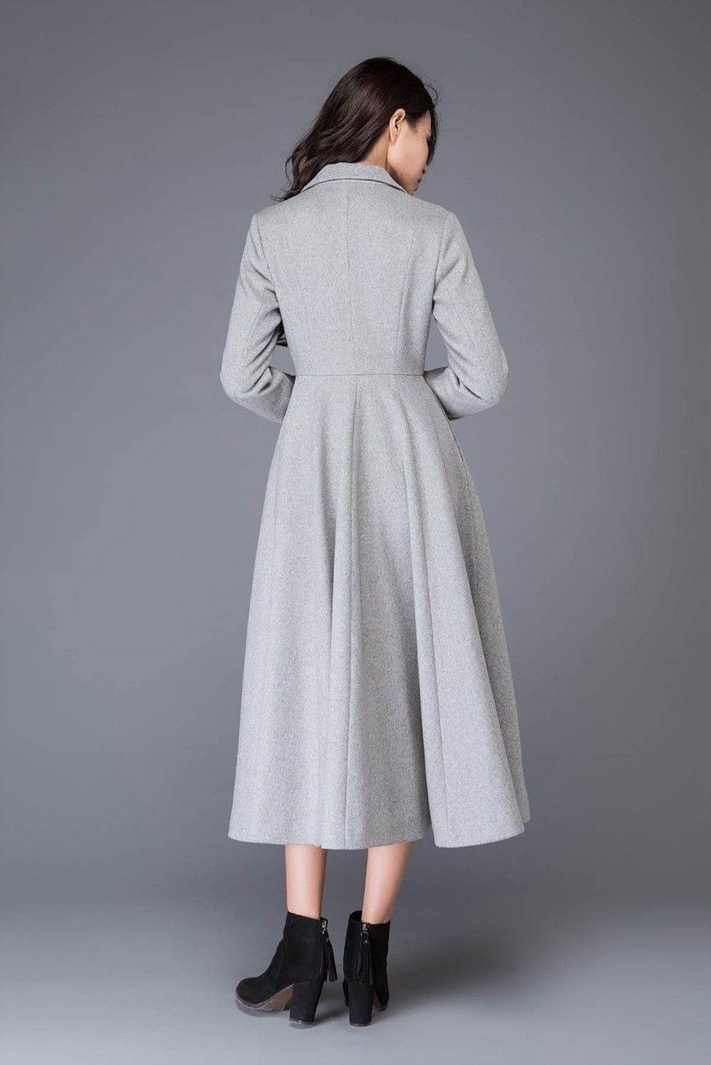 Ladies Grey Coat Jacket Reverse Collar Wide Hem Tweed Long Winter Business