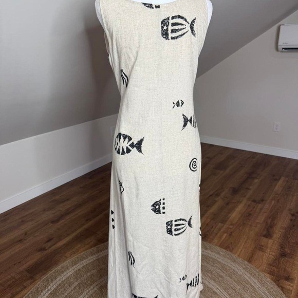 Connie Choi Vintage Linen Blend Nautical Fish Print Maxi Dress Beige Small 70645