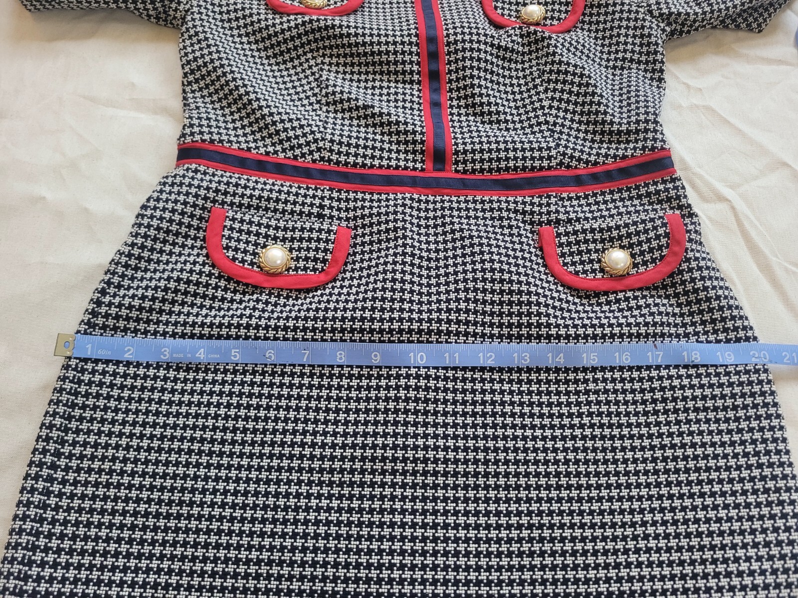 Vintage Handmade Tweed Kate Dress Elegant Classic Black White Red Trim Size M
