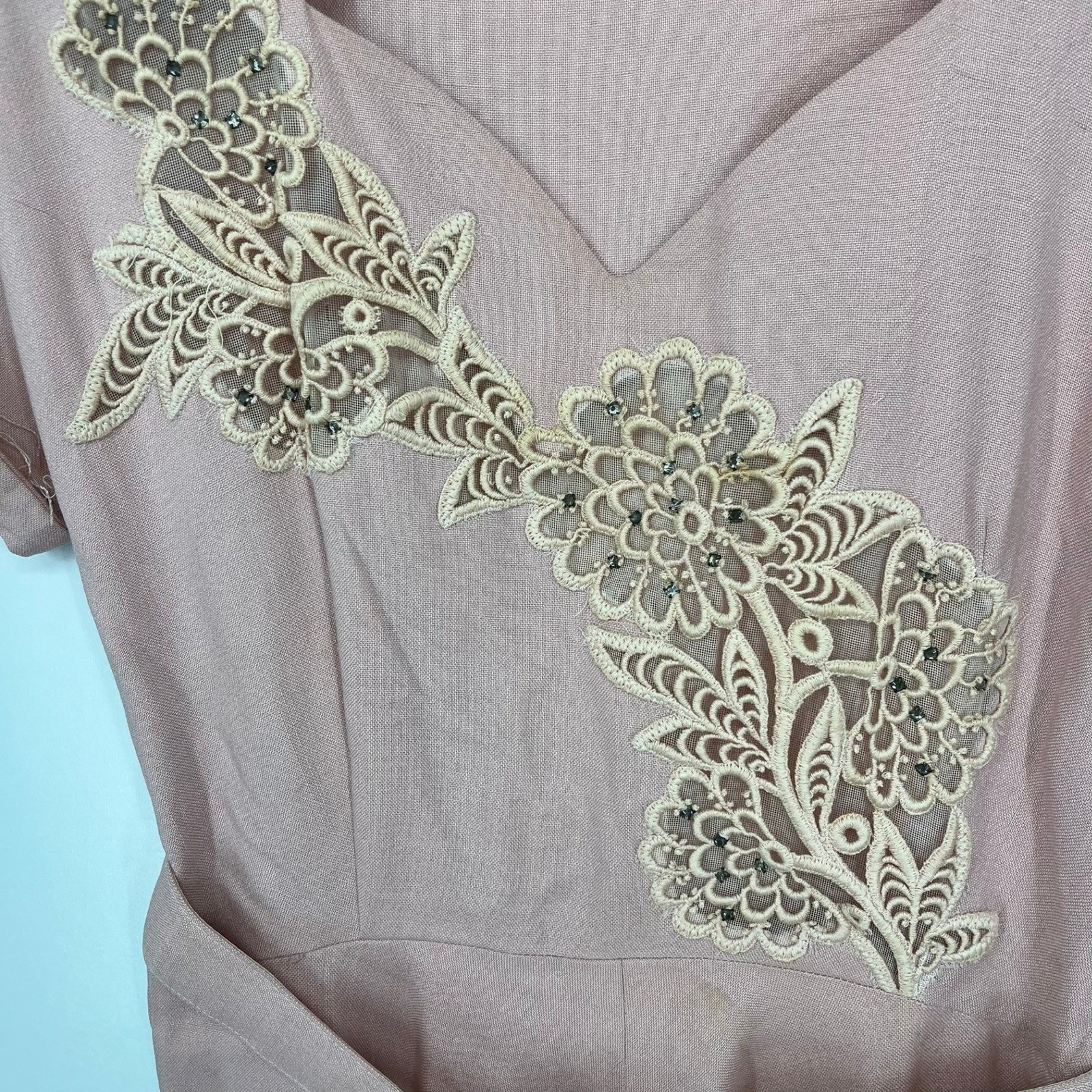Vintage Chumley Charles F Berg Rose Pink Lace Applique Belted Dress 1950s Retro