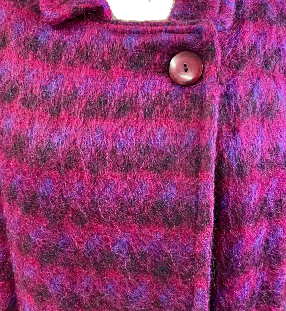 VTG 1980s Paul Levy Fuzzy Mohair Wool Plaid Swing Coat Purple NWOT L XL 14–16P
