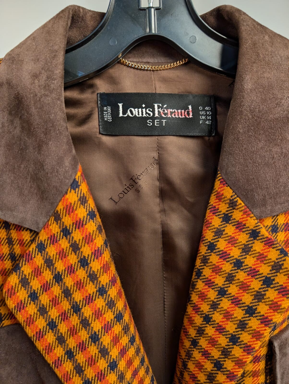 LOUIS FERAUD ORANGE PLAID WOOL + SOLID SUEDE JACKET MADE IN GERMANY