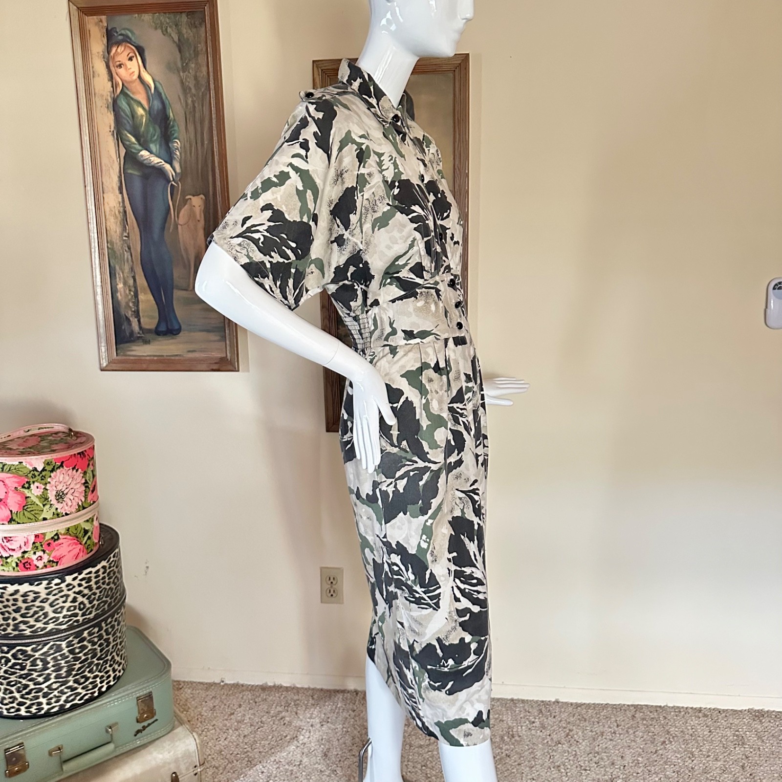 Vintage 1980s New Wave Camo Print Shirtwaist Uniform Military Day Dress M