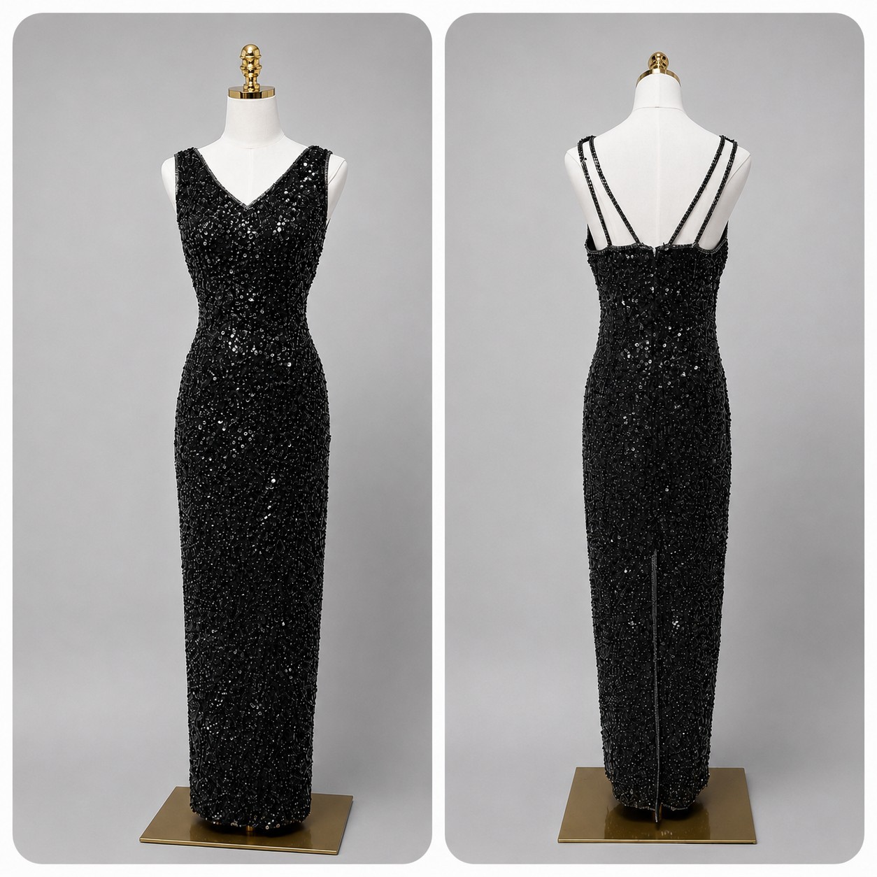 VTG 90s Black Sequin Column Gown Sleeveless Silk Evening Formal Prom Dress Med