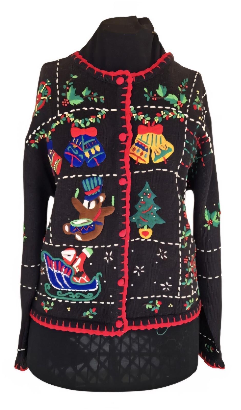 1990s HAMPSHIRE STUDIOS Black Christmas Cardigan Beaded & Knit Details Size L