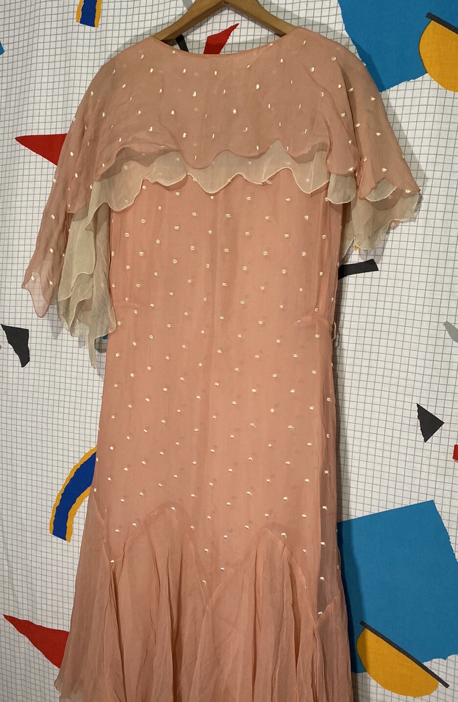 Vintage 20s Silk Flapper Dress Art Deco Drop Waist Asymmetrical Polka Dot Crepe