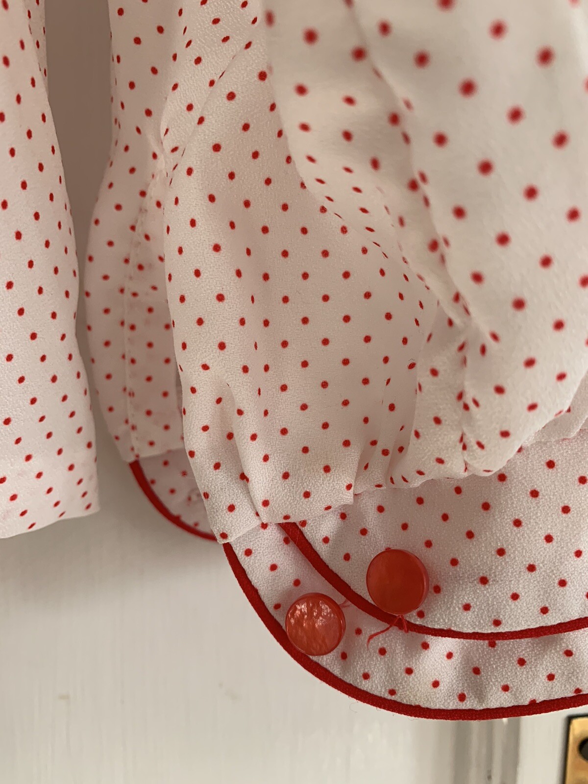 Vtg Gailord Womens Blouse Button Down L ? Creamy Off White Red Polka Dots
