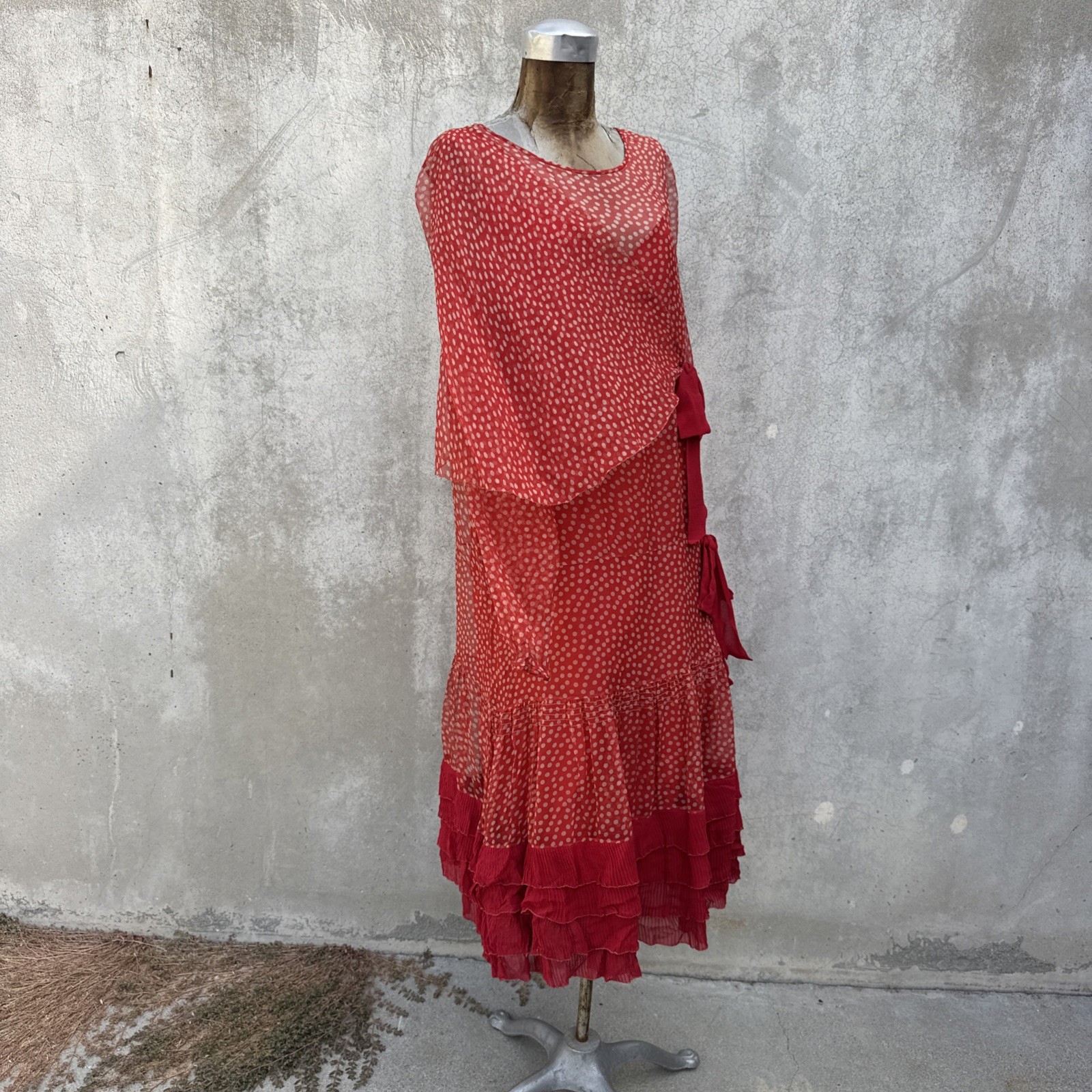 Antique 1920s Red Silk Chiffon Dress Polka Dot Asymmetrical Bow Marjone Vintage