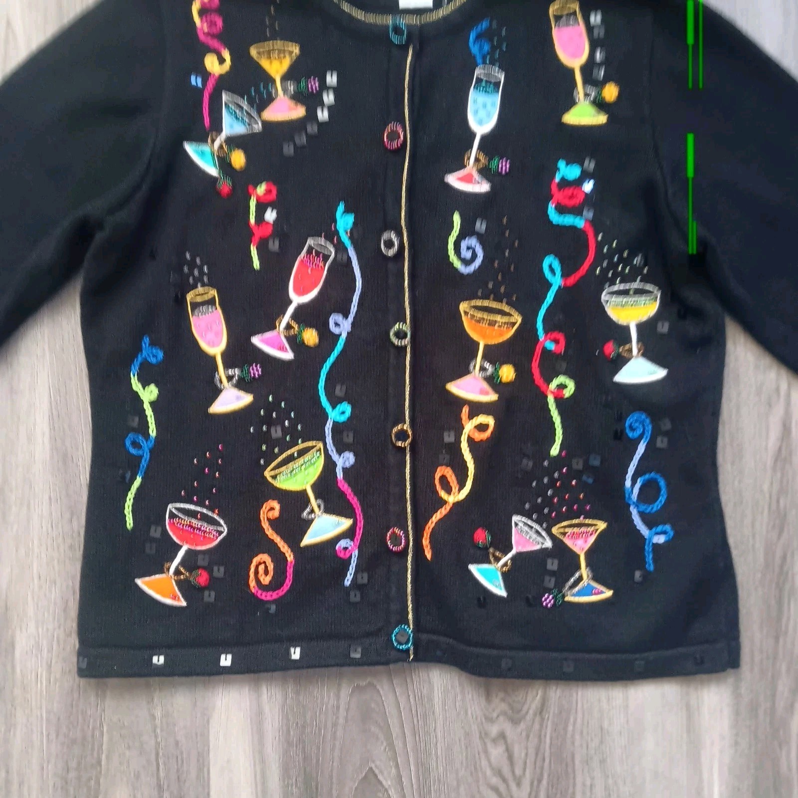 Vtg Jack B Quick Cardigan Sweater Womens S Whimsical Novelty Drink Glasses Party