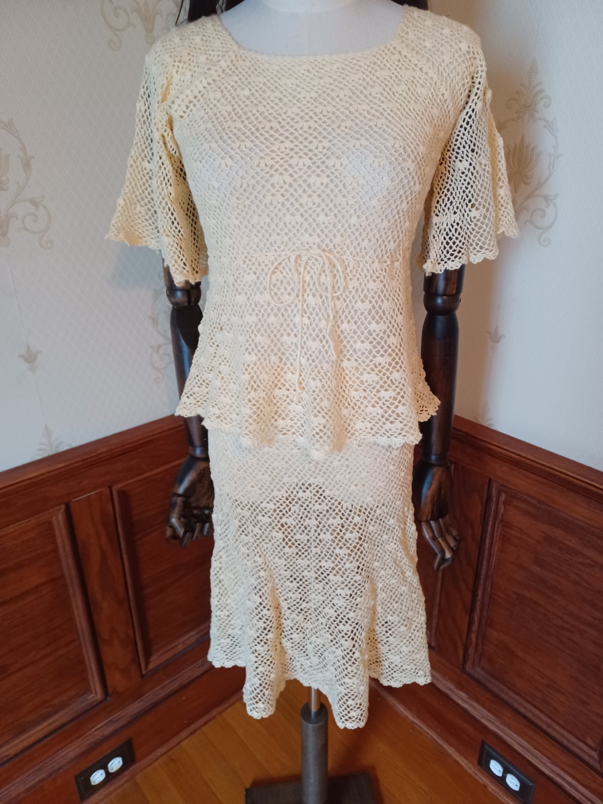 Vintage 1970s Boho/ Hippie/ Beach Wedding Ivory 2-piece Handmade Crochet Dress