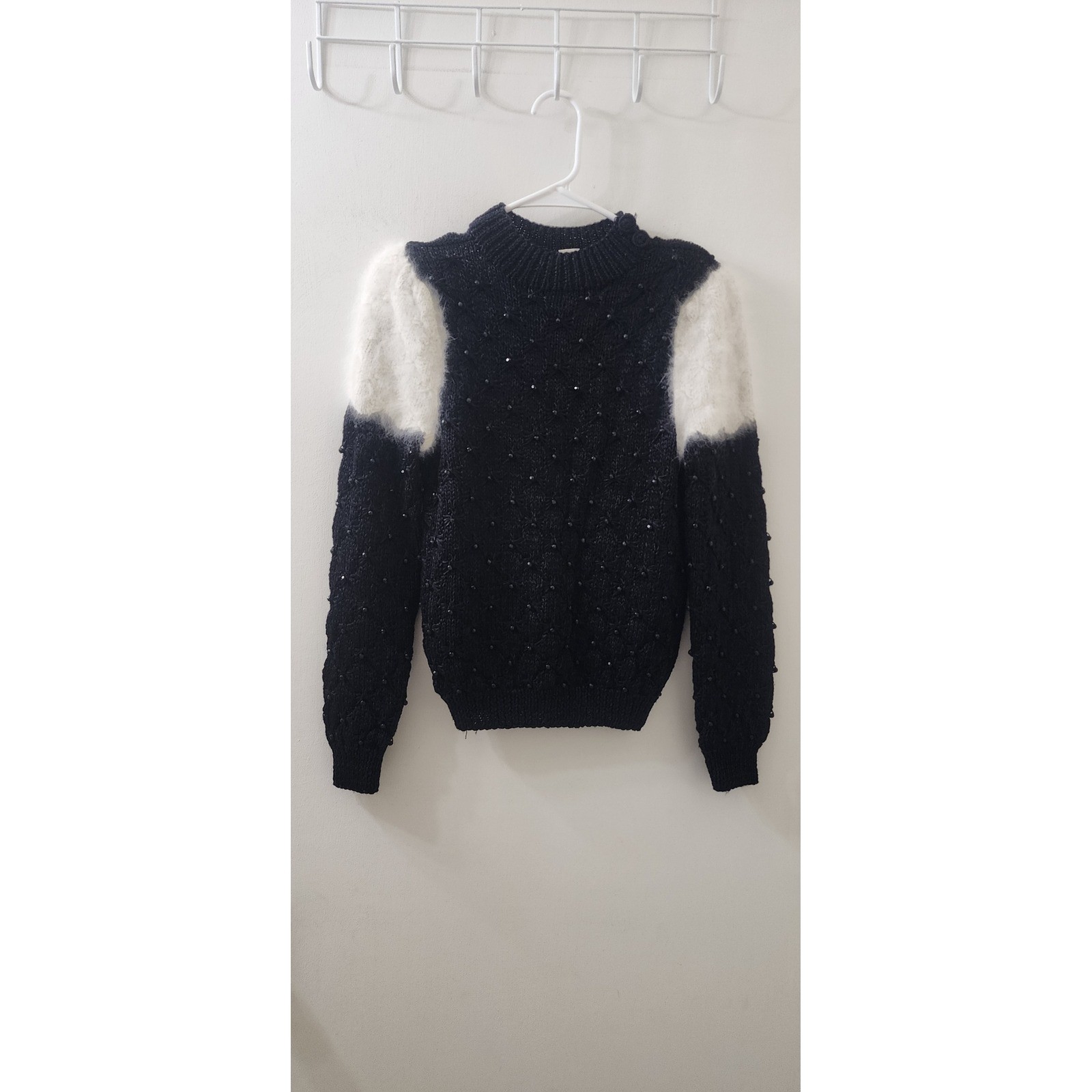 Lillie Rubin Vintage Hand Knit Beaded Angora Wool Sweater Black White Small