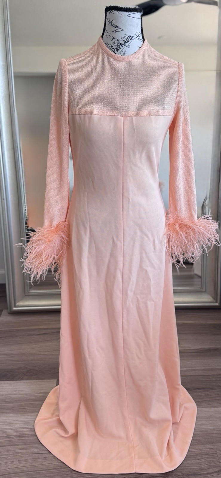 Vintage 60s 70s Peach Gown Feather Trim Knit Open Back Old Hollywood Maxi Dress