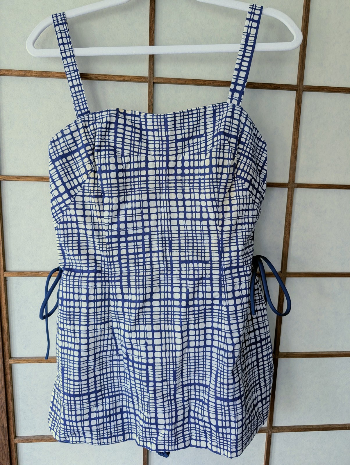 Gabor NY 1960s Vintage Blue White Plaid Swimsuit Playsuit Cotton Metal Zipper M