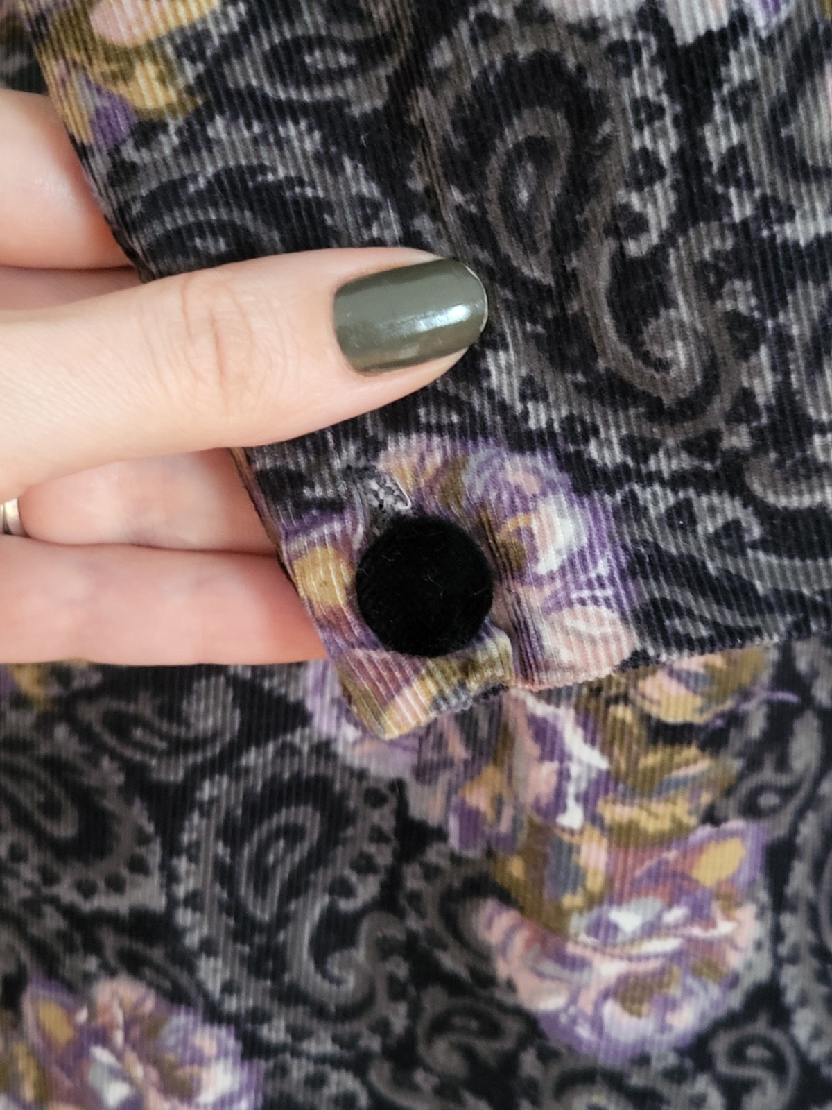 Vintage Laura Ashley Corduroy Dress – Grey-Purple Paisley, Size 10 (S-M / 8-8P)