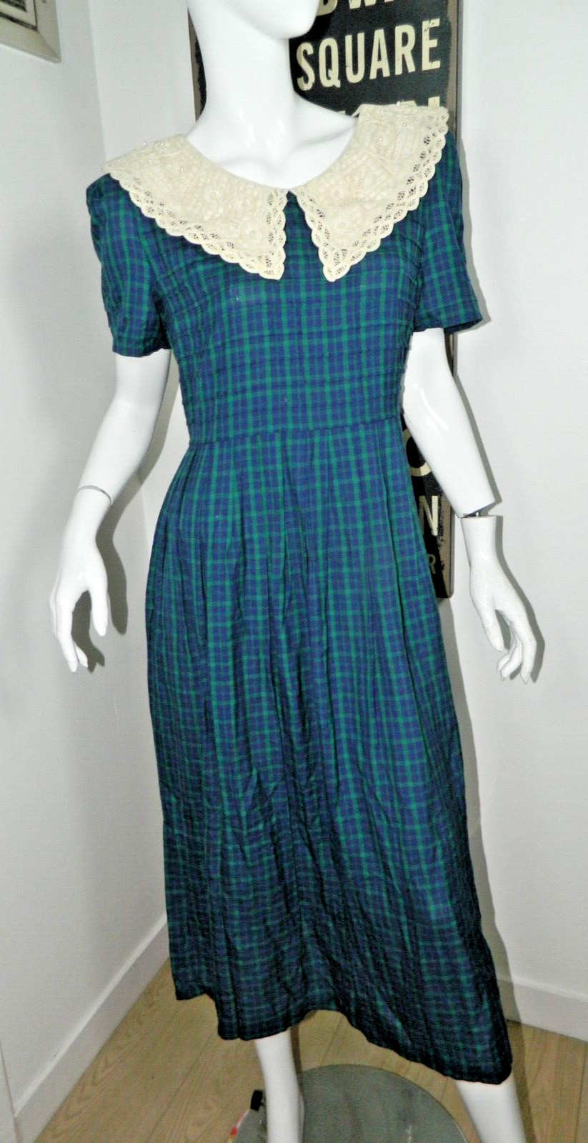 Plaza South Dress Size 6 Blue Green Plaid Lace Academia Victorian Grannycore Vgt
