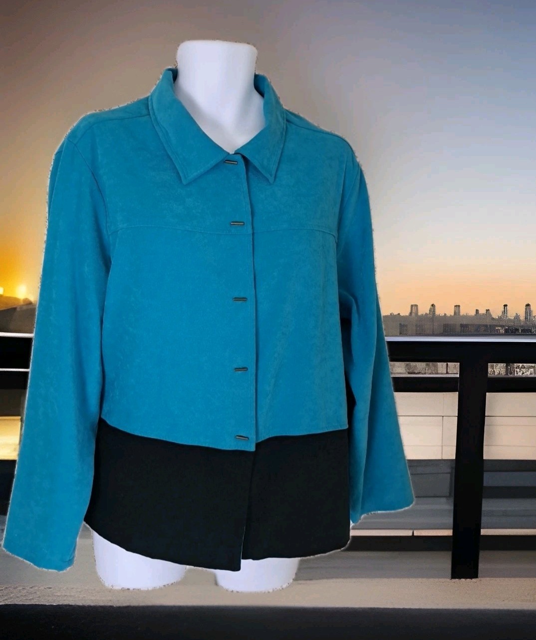 Apparenza Jacket 22W Turquoise & Black Faux Suede Button Front 1990s Vintage