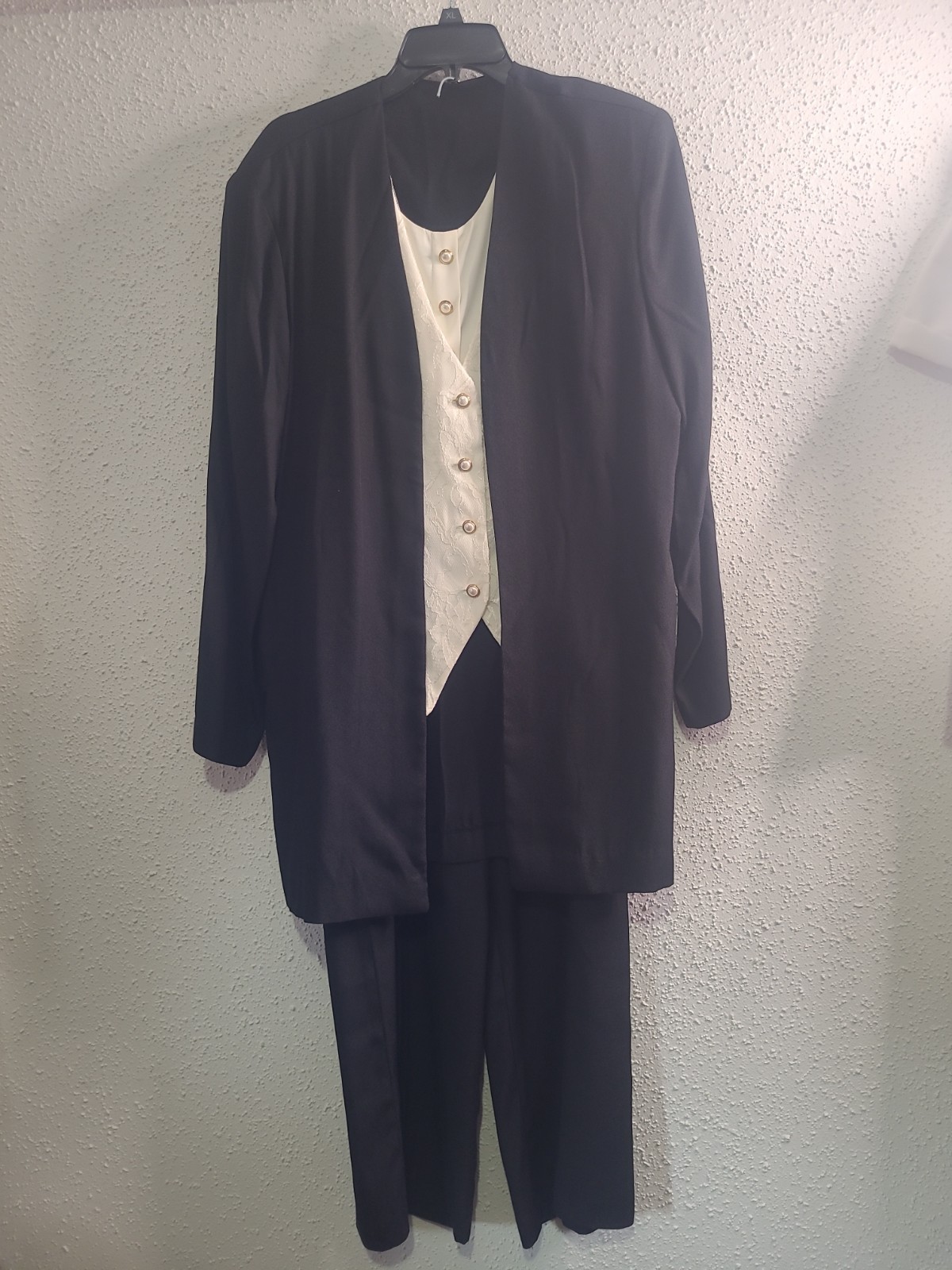 Vintage 80s Grandma Glam Sophisticated Set Black & Ivory Faux Vest Pant Suit 14