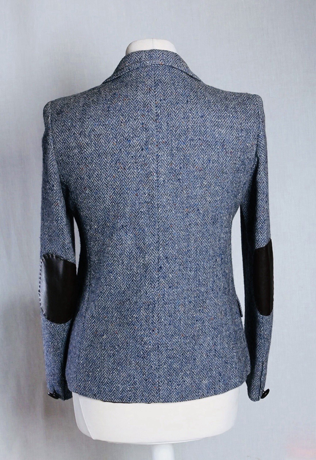 Donegal Tweed Jacket Blazer Wool Vintage Blue Grey Hourihan Dublin Leather
