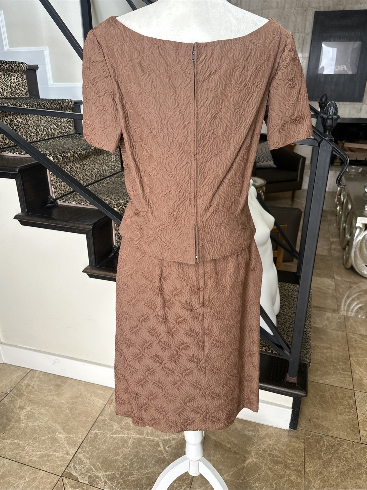 Sophie Gimbel Couture For Saks 50s Mocha Brown Silk Matelasse 3 Piece Skirt Suit
