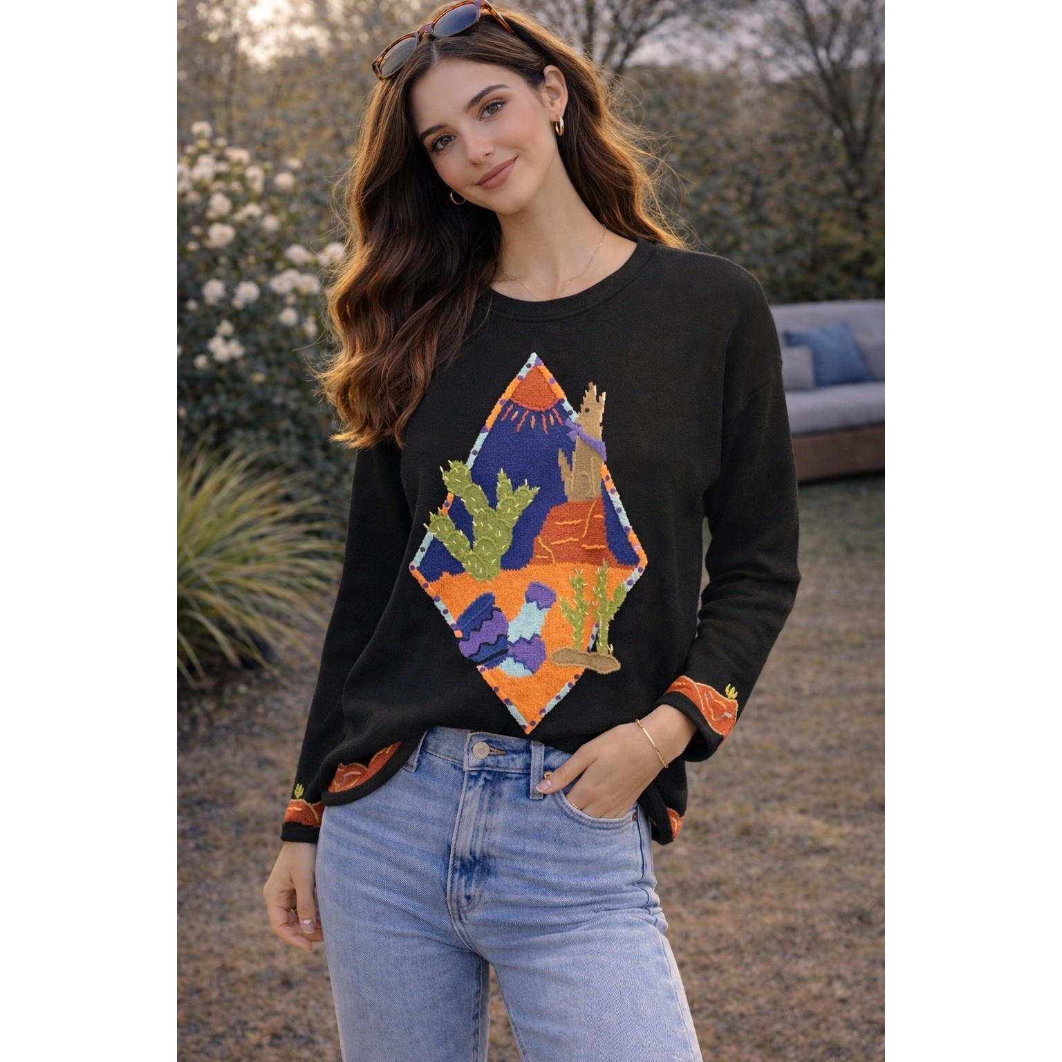 Vintage 90s Quacker Factory Sweater Southwestern Desertcore Howling Wolf Cactus
