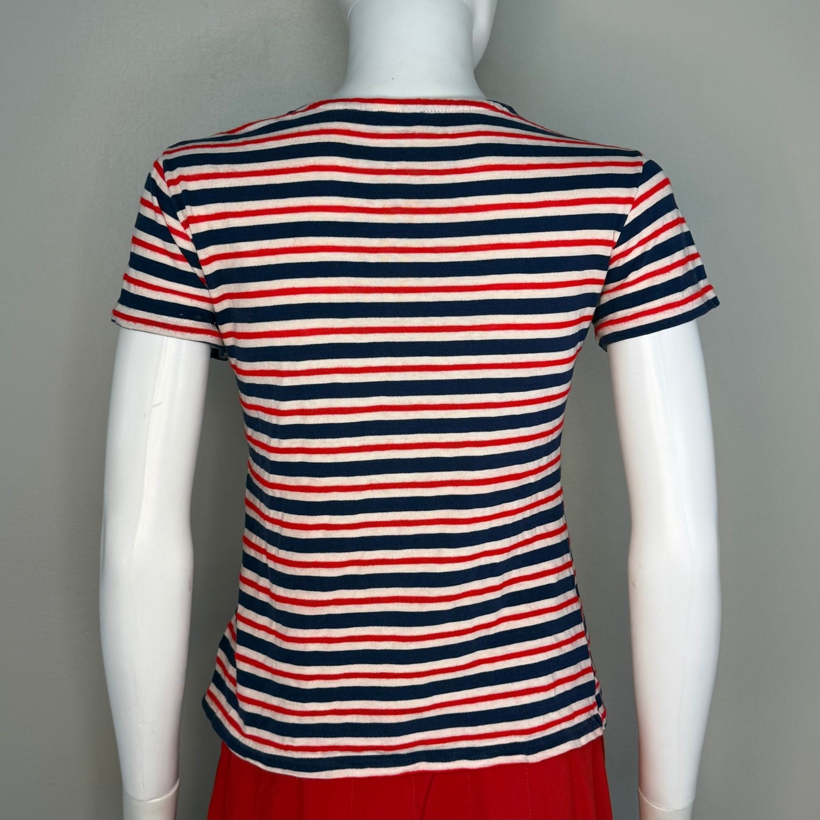Vintage 1960s 70s Red White Blue Stripe Henley T-Shirt 60s 5 Button Short Sleeve