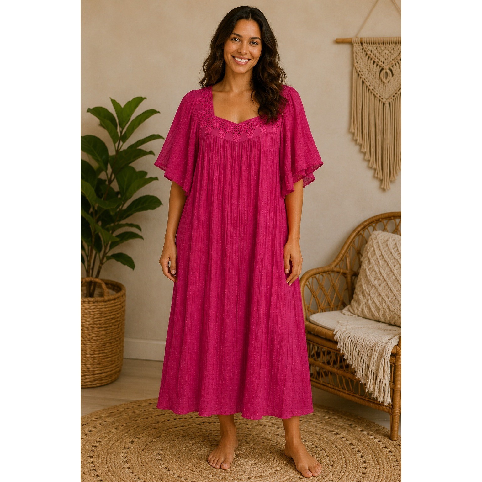 Vandemere Gauze Maxi Muumuu Dress Boho Cottagecore Barbiecore Hot Pink Cotton OS