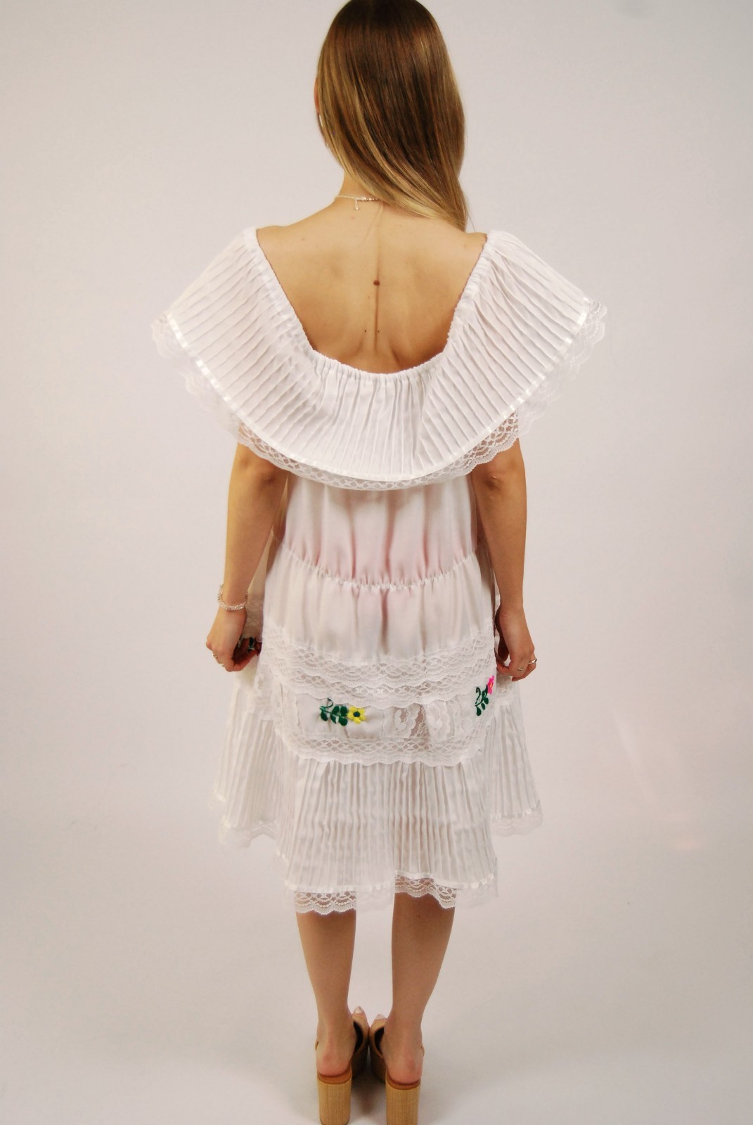 70s Peasant Dress (XL) white vintage midi off the shoulder cottage Mexican boho