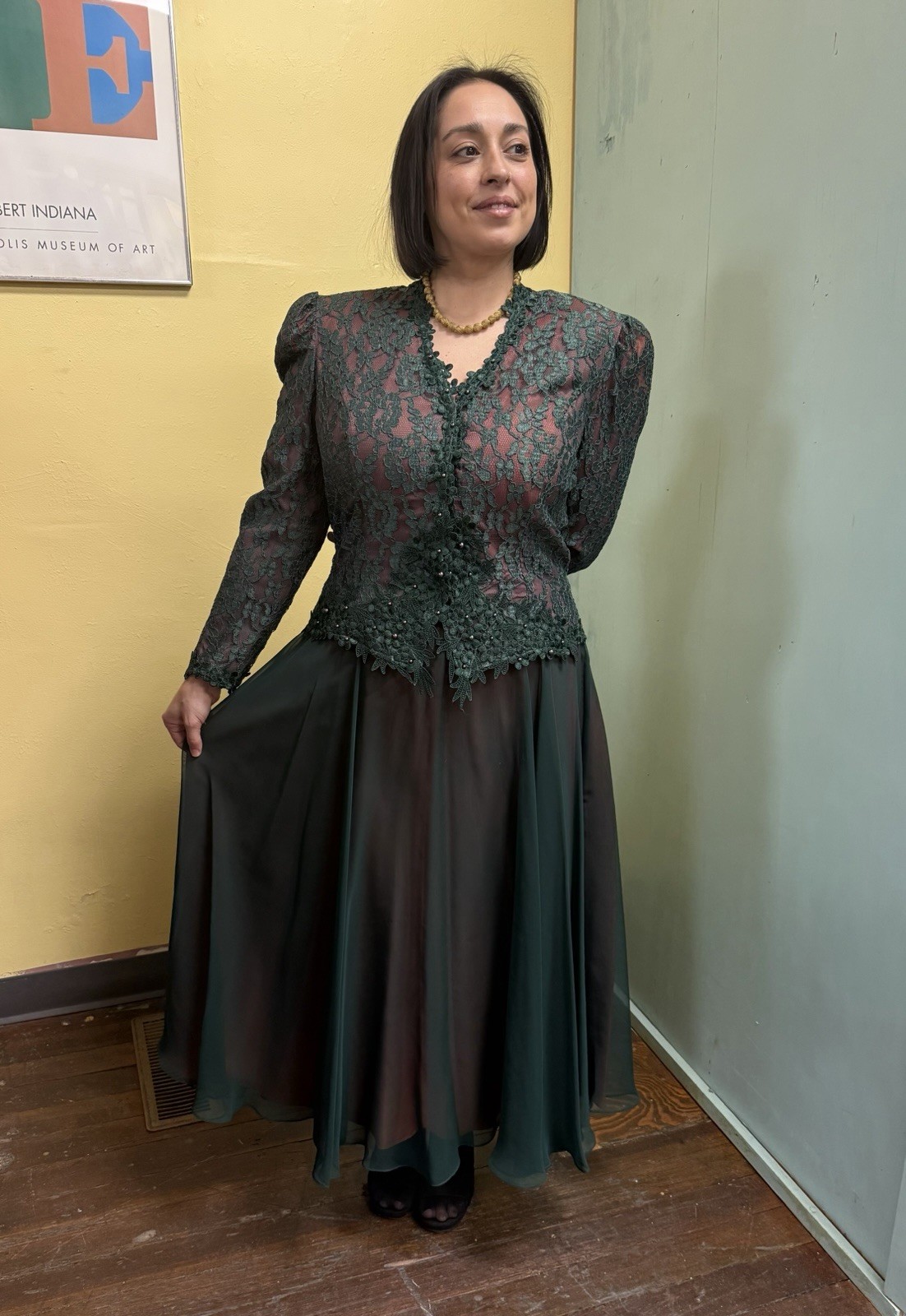 Vintage 80s Cachet by Bari Protas Green Lace Victorian Style Skirt & Top Set L