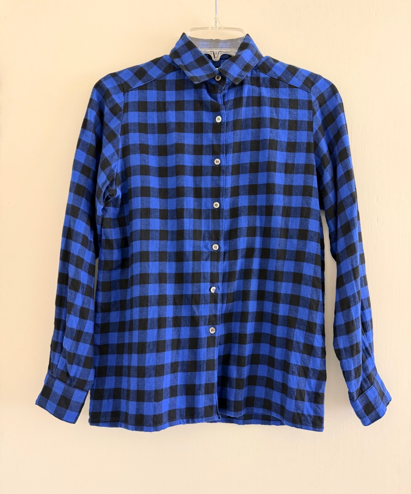 vintage woman’s Ports check long sleeve wool-blended shirt, blue, S