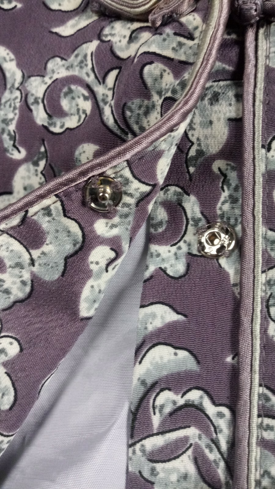 May King High Fashion Jacket Oriental Brocade Satin Gray Frog Buttons Size 13