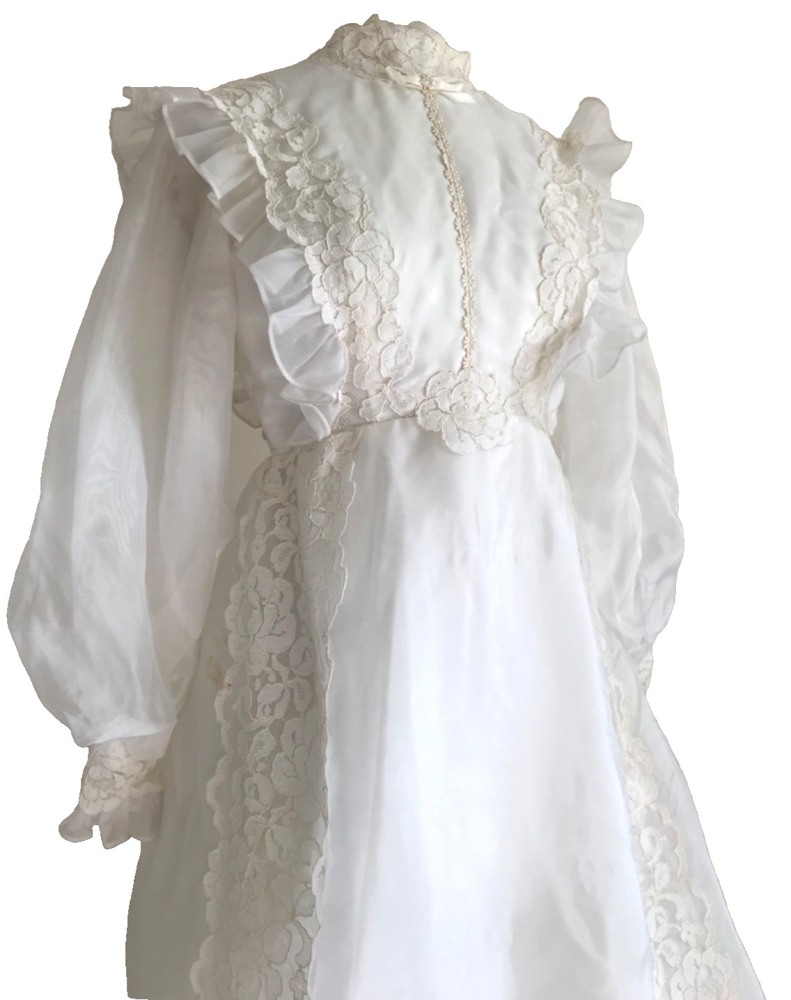 Vintage 70’s Prairie Wedding Down, Long Sleeve, Cream, Full Skirt High Neck