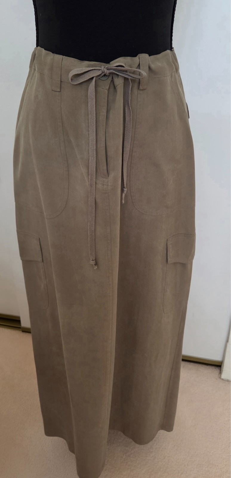 Vintage Carole Little Maxi Khaki Green Silk Cargo Skirt with adjustable waist