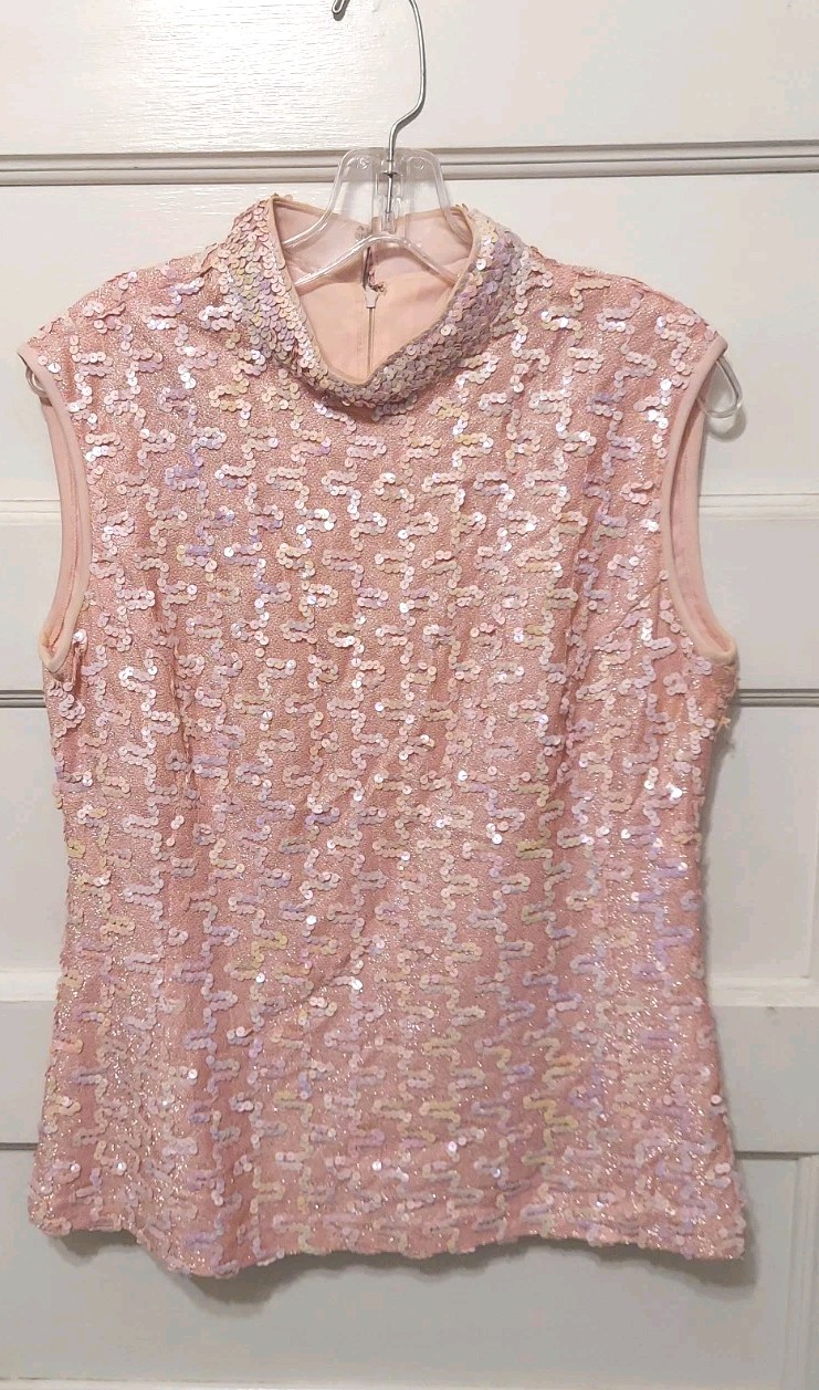 Vtg Lilli Diamond Ladies 2 Pc Pink Sequined Lined Jacket & Top Set