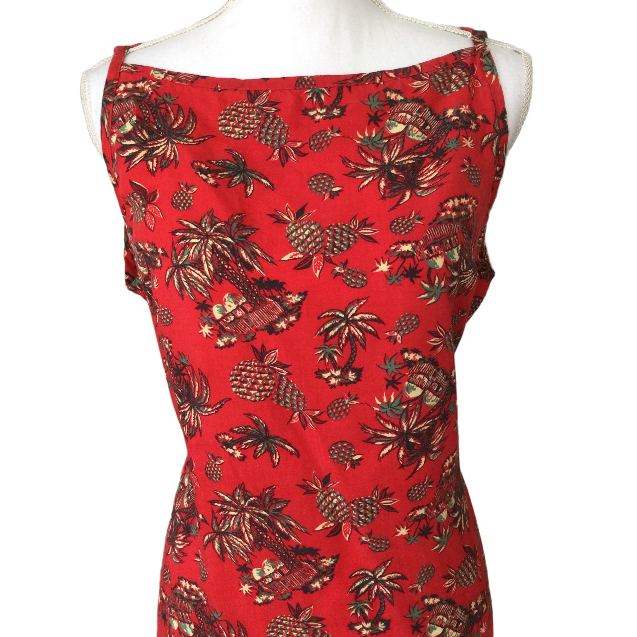 Sleeveless Tropical Long Dress Size L Red Palm Trees By Democracy VTG 90s